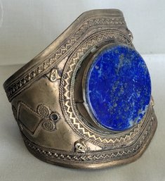 Vintage Brass Afghani Tribal Lapis Lazuli Statement Cuff Bracelet