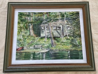 Watercolor Paiting Of Cabin On Lake 16x13 Matted Framed