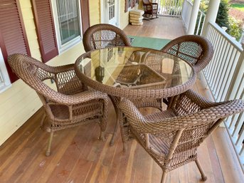 All Weather Wicker Glass Top 50' Round Table & Four Chairs