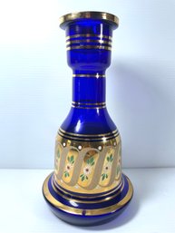 Blue Cobalt Glass Vase With Gilt Hand Painted Accents