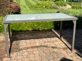 Metal & Glass Topped Patio Table With Umbrella Hole, 54x28x29in