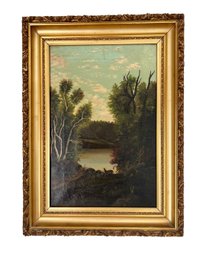 Beautiful Antique Original Landscape Oil Painting With Gold Frame