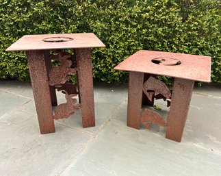 Pair Of Metal Stencil Cut Side Tables Featuring A Dolphin And Rabbit