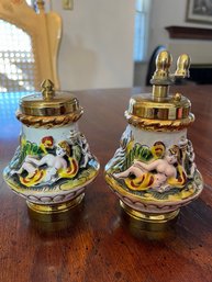 Vintage Set Italian Capodimonte Porcelain Salt & Pepper Mill Nude Cherubs Angels