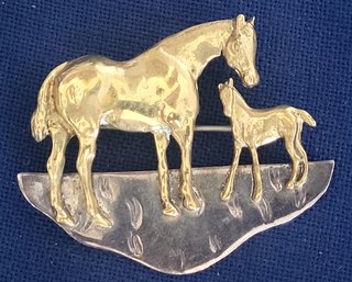 Sterling Silver Artisan Mare & Foal Equestrian Design Brooch Or Pendant