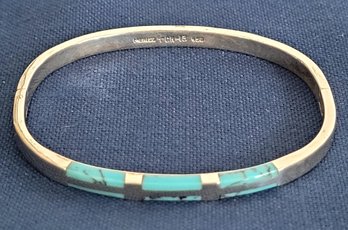 Beautiful Taxco Mexico 950 Sterling Silver & Turquoise Inset Bangle Bracelet