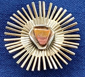 Nice Mid Century Modern Starburst Gold Tone Brooch With Stone Center