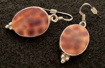 Vintage Sterling Silver Pierced Oval Dangle Earrings Animal Print Faux Tortoiseshell