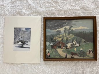 Signed Print Of Gapstow Bridge Central Park & Framed Folk Art Print