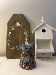 Fairy Garden Windmill, Birdhouse And Slate Floral Decor