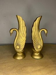 Mid Century Solid Brass Swan Bookends
