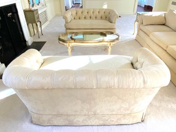 PAIR Petite Tufted Ivory Silk Damask Custom Sofas