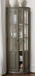 Ballard Designs Chilton Glass Door Curved Corner Cabinet, Grey Green