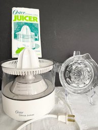 Lot Of 2 Juicers- 1 Electric, 1 Manual: Oster Automatic Citrus Juicer (TESTED WORKING), Glass Reamer NO CHIPS!