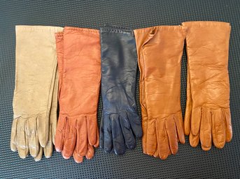 Assorted Lot Of Five Assorted Leather Gloves, Brown And Blue Tones, Sizes 6.5