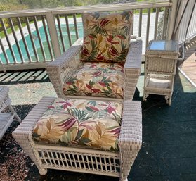 Wicker Arm Chair, Ottoman & Basket Style Side Table