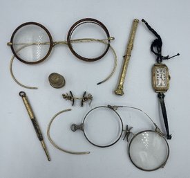 TWO GOLD FILLED PENCILS, A GF THIMBLE, GF WATCH, AND TWO PAIRS VICTORIAN SPECTACLES