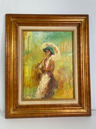 Original Oil On Canvas ' Lady With Umbrella ' Artist Unknown