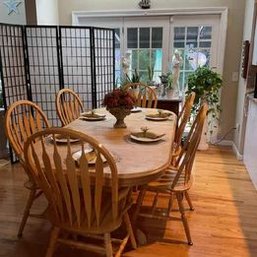 Beautiful Quality Oak Oval Trestle Table 48Wx66L W/ 2-18' Leaves (102' Overall Length)