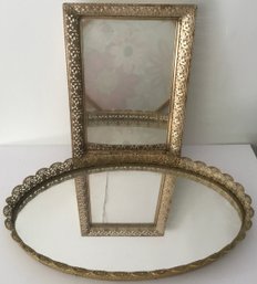 Vintage Gold Tone Gated Ornate Vanity Trays, Framed Mirrors