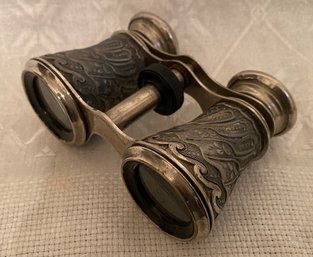 Vintage Pair Opera Glasses Mini Binoculars Embossed Metal CMC Made In Occupied Japan 3x Power Silver Tone