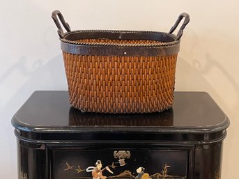 Vintage Rattan Woven Basket With Cast Iron Rim And Handles