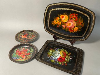 Tianex Plates & Handpainted Metal Floral Trays