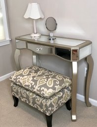 Stunning Silverish Gray Mirrored Vanity With Plush Ottoman Seat