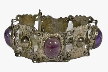 Large Antique Mexican Sterling Silver Link Bracelet Having Large Amethyst Stones