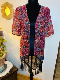 Sheer Boho Kimono With Fringe-XS