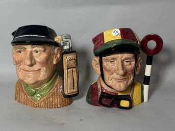 TWO LARGE ROYAL DAULTON CHARACTER MUGS, GOLFER AND JOCKEY