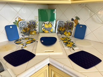 Misc Cutting Boards, Pot Holders, Kitchen Lot, Blue And White