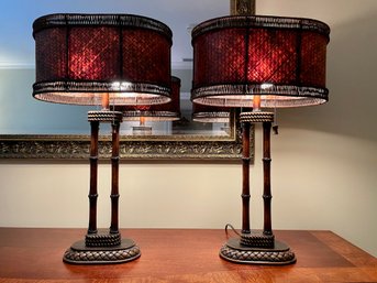 Pair Of Bamboo Form Table Lamps With Woven Rush Shades