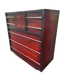 Vintage Mid Century Modern Red Mahogany 5 Drawer Highboy Dresser