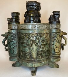 Green Hand Carved Large Chinese Jade Incense Burner Pot - 3 Section - Ceremonial Cleansing - Asian Dragon