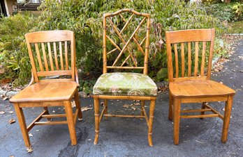 (2) Vintage Slat Back Library Chairs With A Vintage Asian Style Bamboo Back Upholstered Chair