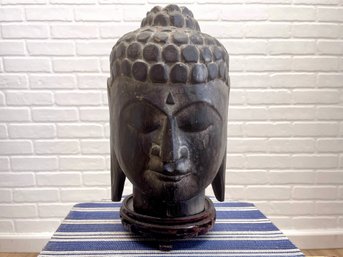 Large Carved Wooden Buddha Head On Stand