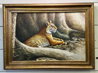 A Gorgeous Oil On Canvas Tiger Painting