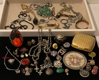 Lot Of Jewelry, Paperweight, Compact & More
