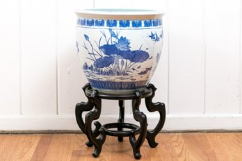 Chinese Blue And White Fish Bowl On Stand