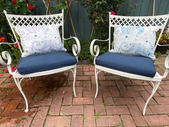 PAIR Vintage White Wrought Iron Chairs With Cushions