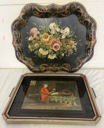 Wooden Tray With Print And A Tole Tray With Still Life