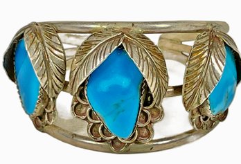Vintage Native American Sterling Silver Cuff Bracelet Having Turquoise Stones