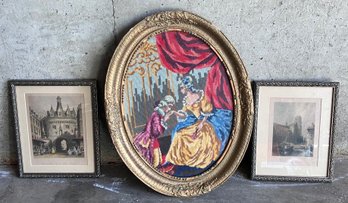 38. Antique Framed Needle Point And 2 Other Engravings