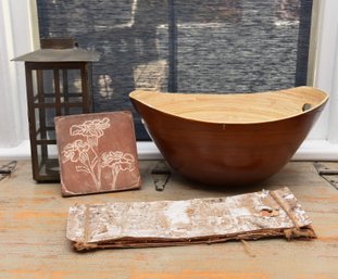 Collection Of Natural Textural Table Top Decor Including Core Bamboo Bowl And Floral Linocut Tile