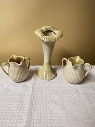 Belleek Sunflower Trumpet Vase, With 2 Double Pouring Creamers