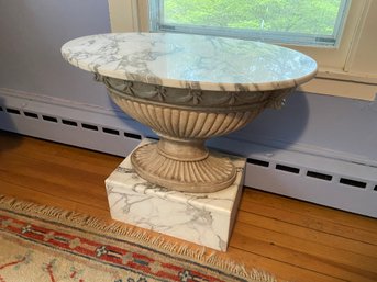 Cement Urn With Marble Top And Base Lot 1 30x18x26 Side / End Table