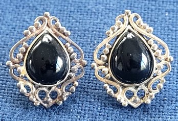 Vintage Sterling Silver Filigree Setting Pear Shaped Onyx Designer Avon Earrings