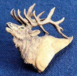Amazing Vintage Detailed Carved Elk Stag Lapel Pin - Signed