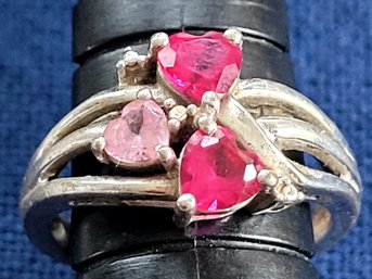 Sweetheart Sterling Silver Ring With Ruby & Pink CZ Hearts